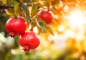 Pomegranate tree close-up, fruit orchard background with copy space