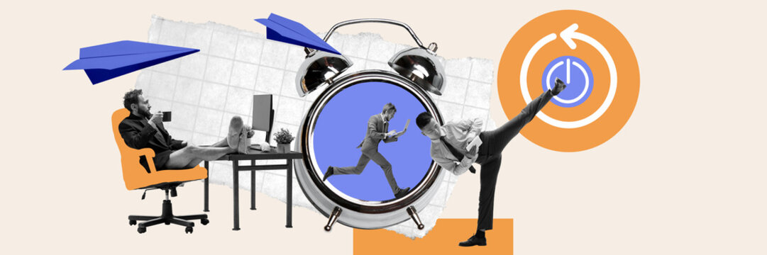 Business people working on reaching professional goals, aims. Deadlines, freelance, overcoming difficulties. Contemporary art collage. Concept of efficiency, business, office, workflow and achievement