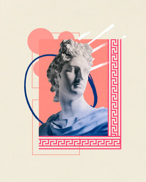 Poster. Contemporary art collage. antique statue in grainy fabric effect against pastel background with doodles and abstract elements.