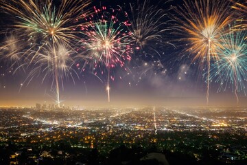 Fireworks light in night sky during New Year - obrazy, fototapety, plakaty
