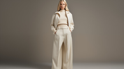 Blonde model in cream knit jacket post-minimalist detailed display