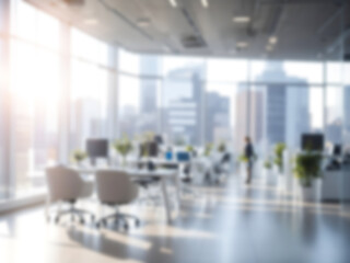 Blurred office interior background with vivid natural lights in cityscape view in a high building....