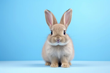 Obraz premium Studio portrait of cute rabbit with light and pastel background, happy bunny running on floor, adorable fluffy rabbit that sniffing.