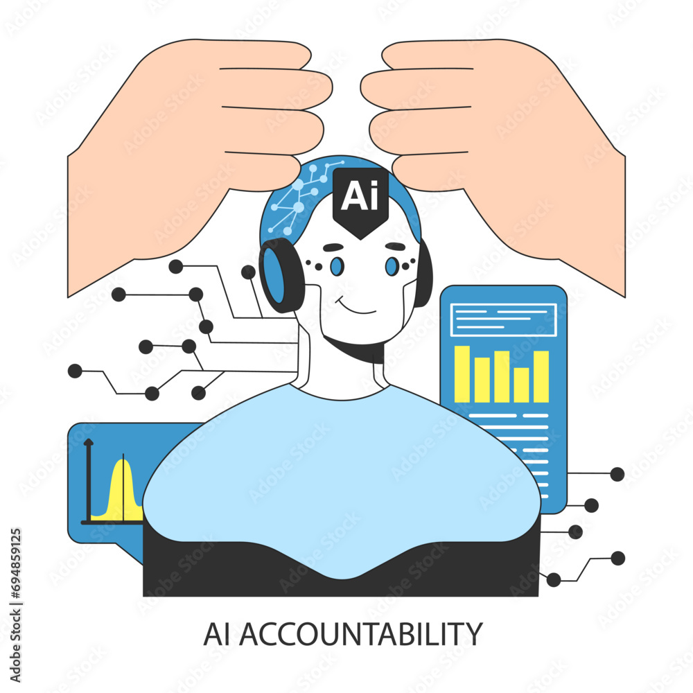 Poster ai ethics. hands oversee a neural network brain, emphasizing self-learning computing system accounta