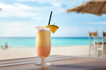 Summer drink Cocktail on the wooden table with beach background and sunlight. Refreshing healthy cocktail with the beautiful sea and sky.