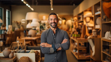 portrait of a small business owner of a furniture store with his products in the background