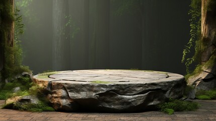 A leveled stone pedestal amidst an enchanting forest, presenting an empty circular stand