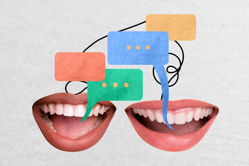 Creative collage picture illustration two happy excited toothy smile mouth talk text together...