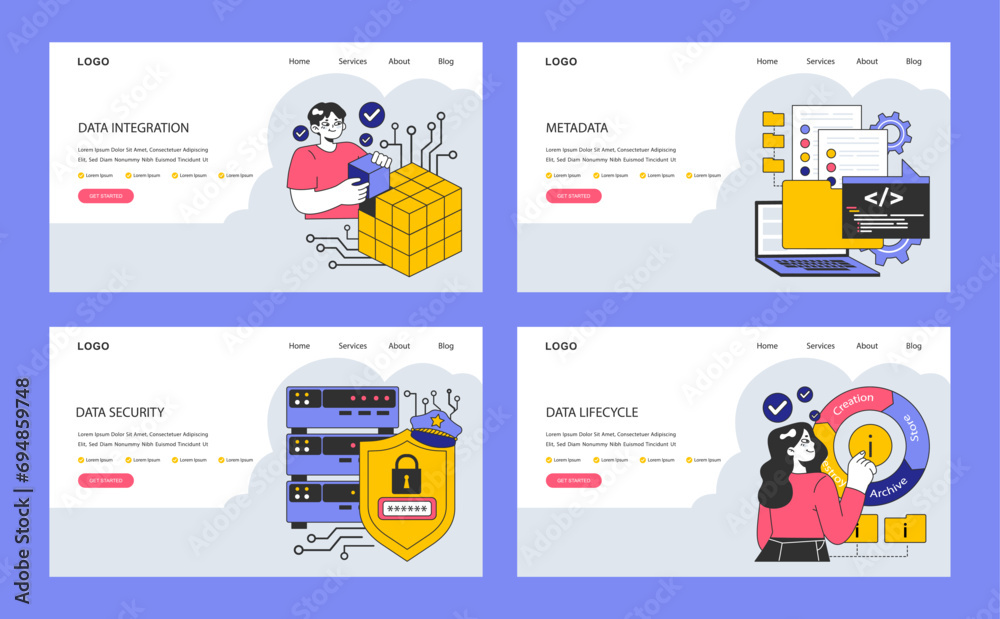 Poster information management web or landing set. data mining, storage, processing and security. stages of 