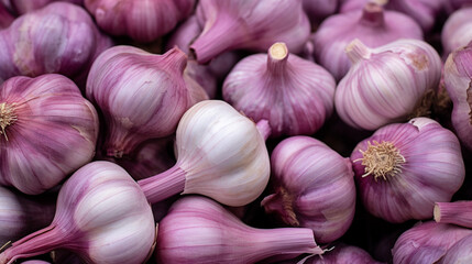 close up of Many heads of white purple garlic on market stand. Generative AI