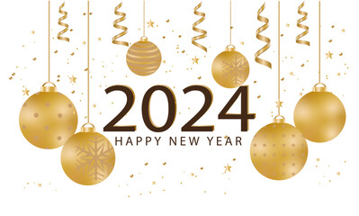 Happy New Year 2024. Christmas decoration and confetti on white background. Holiday greeting card design