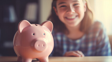 Happy excited kid dropping cash into piggybank. Teaching kid to save, invest money, collecting coins in piggy bank. Family savings, financial education concept