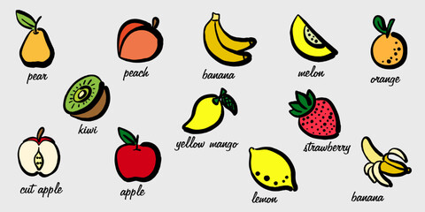 Hand-drawn retro fruits and berries. Farm eco products. Culinary banner. Educational poster with the names of fruits and berries