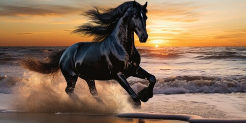 Black horse galloping through the sand on the beach