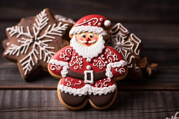 Fototapeta na wymiar Christmas gingerbread cookies in the shape of Santa Claus on a wooden background.