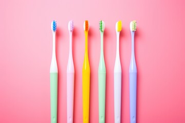 Bright colored toothbrushes on a pink background. Oral hygiene. Dental concept. - obrazy, fototapety, plakaty