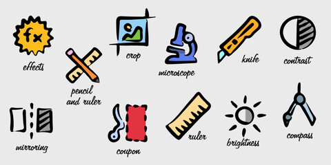 Hand-drawn tool icons. Freehand symbols of tools. Educational poster with the names