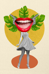 Vertical collage of black white colors girl mini dress high heels dancing big mouth red lips...
