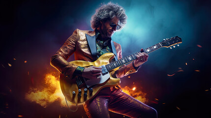 Solo play of rock guitarist with glittering jacket. Postproducted generative AI illustration. - obrazy, fototapety, plakaty