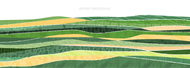 Abstract farm field collage background. Agro land backdrop, farmland landscape vector illustration with texture. Oriental decorative banner, eco design, green rural panorama, ecology art header - obrazy, fototapety, plakaty