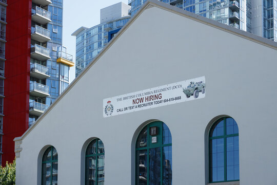 The British Columbia Regiment(DCO) building with a sign NOW HIRING