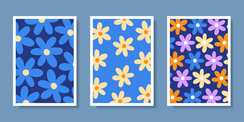 Set of Trendy floral background designs. Hand drawn 70s style floral background illustration. Vector illustration