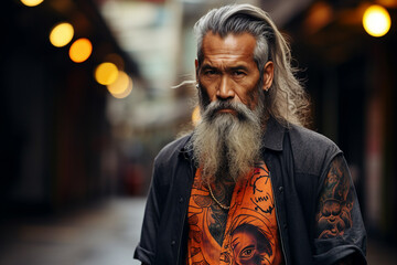 Obraz premium Generative ai close up photography of smiling man with tattoo isolated on urban city landscape