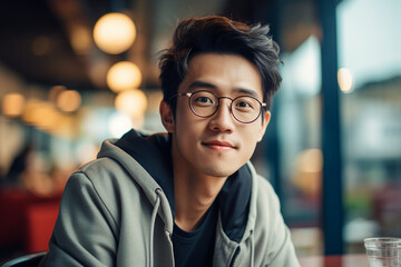 Fototapeta premium Generative AI portrait of young person sitting dreamy in aroma cafeteria enjoying morning coffee