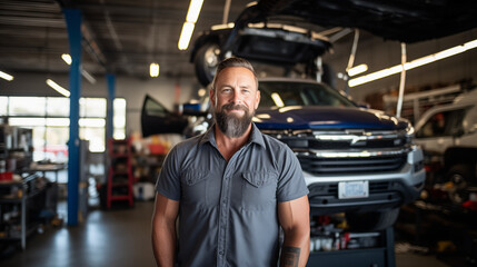 portrait of a small business owner of an automobile repair shop - obrazy, fototapety, plakaty