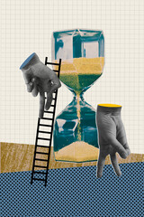 Creative drawing collage picture of two hands walk gesture climb ladder sand clock time management...