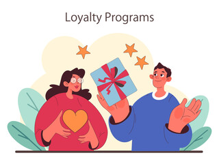 Loyalty Programs concept. Joyful customers celebrate earning rewards, showcasing the heart of brand loyalty and the delight of exclusive benefits. Flat vector illustration