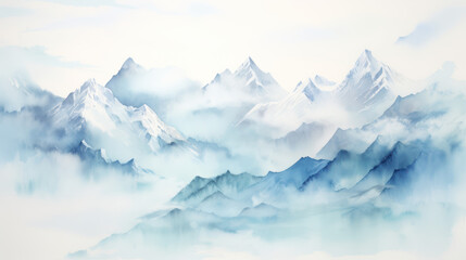Fototapeta na wymiar watercolor blue and white misty landscape with snowy mountains background