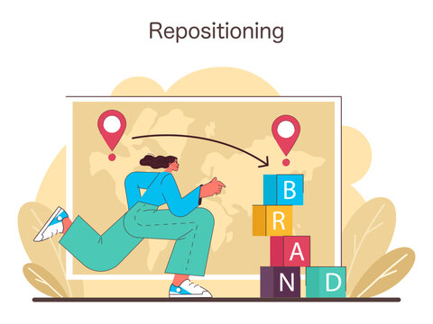 Repositioning concept. Strategic shift in brand positioning illustrated by a professional adjusting marketing blocks, aiming for brand evolution and growth. Flat vector illustration