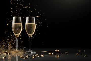 Two glasses of Champagne festive background with confetti