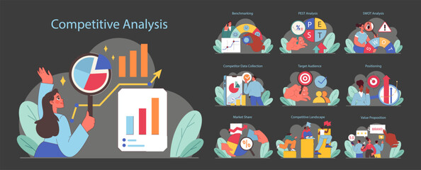 Competitive Analysis concept. Business strategy evaluation with charts and data. Market positioning, audience targeting, and value proposition. Flat vector illustration