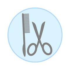 Vector graphics. On a white background in a blue circle there is a comb and scissors.