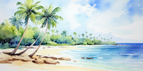 Fototapeta na wymiar hand drawn beach panorama with coconut trees. Travel destinations watercolor painting background