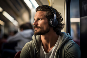Dreamy relaxed man in headphones listening to music songs relaxing in train generative ai