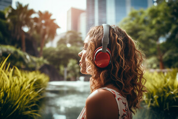 Cheerful dreamy woman in headphones walking in the park and listening to music generative ai