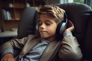 AI generated picture of relaxed man in headphones listening to music audio song relaxing in...
