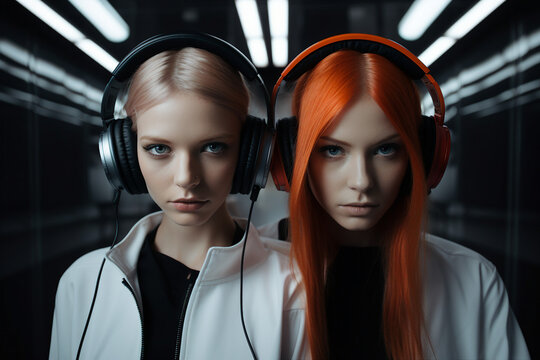 Generative AI artwork picture of  charming girls in headphones listening to modern music
