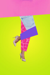 Vertical collage creative poster exclusive clothes trousers funny hills walk fashion caricature...