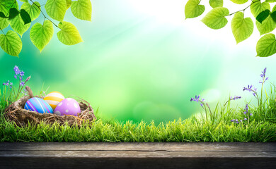 Three painted easter eggs in a birds nest celebrating a Happy Easter in spring with a green grass meadow, tree leaves and bright sunlight background with copy space & wooden bench to display products.