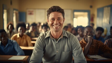 Classroom Joy: Male Teacher and Smiling Children in the Education Process