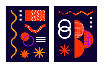Brutalist posters set with abstract geometric shapes and naive grids. Brutal contemporary figure star oval spiral wave and other primitive elements and textures. Swiss design aesthetic. 