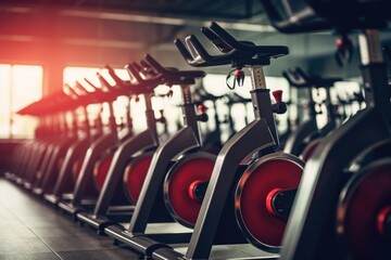 Indoor Cycling Session In A Gym On Stationary Bikes - obrazy, fototapety, plakaty