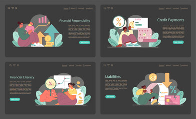Financial Responsibility set. Prioritizing savings, understanding credit, enhancing financial knowledge, and managing debts. Interactive guide to fiscal health. Flat vector illustration.