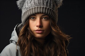 Close up portrait of attractive woman, dressed in stylish winter wear