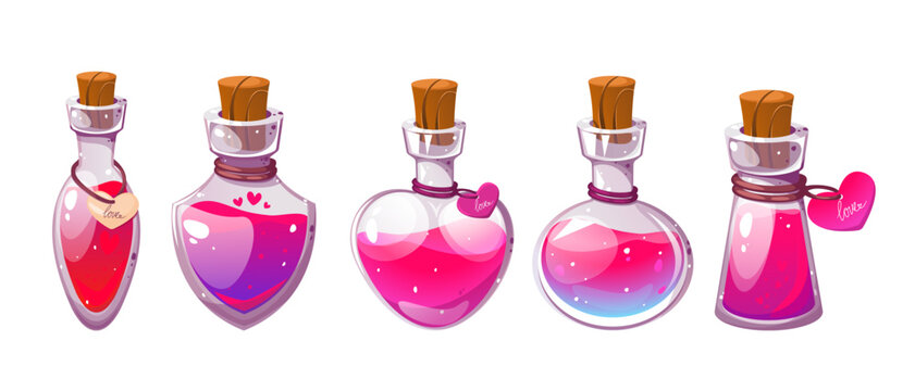 Collection of love potions. Potion in a glass jar. Symbol of Valentine's Day. Vector illustration isolated on white background.
