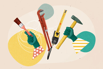 Advert collage image picture of building tools instruments for home house decoration advertise...